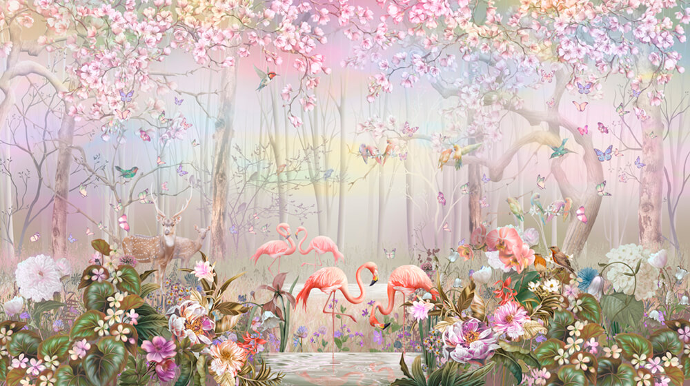 Фламинго в лесу (ширина: 5000 мм, высота: 2800 мм, количество полос: 5)