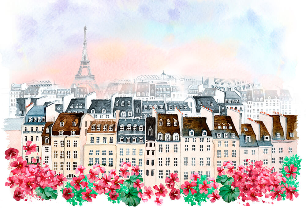 Париж с цветами (живопись) (ширина: 4000 мм, высота: 2800 мм, количество полос: 4)